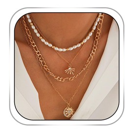 Fdesigner Boho Pearl Layered Sun Necklace Gold Moon Pendant Necklaces Chain for Women Trendy Stack Pearl Choker Necklace Set
