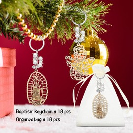 Hicarer 18 Pcs Baptism Key Ring Recuerdos De Bautizo Para Cross Wooden Keychain with Organza Gift Bags Baptism Favor (Pink Pearls)