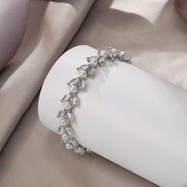 EVER FAITH Cubic Zirconia Tennis Bracelets for Bride Simulated Pearl Marquise Leaf Bracelet for Women Prom, Cubic Zirconia, Cubic Zirconia