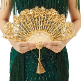 BABEYOND Lace Hand Fan Non-Foldable Vintage Bridal Handheld Fans with Rhinestone and Embroidered for Wedding Decoration Dancing Party (Gold)
