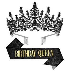 Papoopy Birthday Tiara Crown with Sash for Women, Headband Hair Accessories for Wedding Party Costume Black
