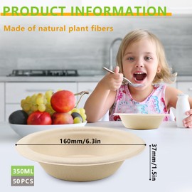 VZXZXE Pack of 50 Disposable Soup Bowls, 350 ml, Disposable Tableware Made of Sugarcane Bagasse, Biodegradable Soup Bowls, Disposable for Parties, Families, Picnics