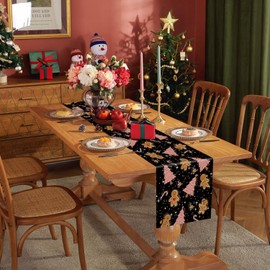 GAGEC Gingerbread Christmas Decorations Black Table Runner Pink Tree Glitter Xmas Winter Candy Cane Holiday Kitchen Dining Merry Christmas Table Decor 13x60 Inch