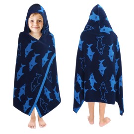 ORIGINAL KIDS Hooded Bath Towel Wrap - Shark Attack - 100% Cotton Jacquard Reversible Large Hooded Kids Towel - Toddler Shower Pool Beach Towel - Soft Plush Absorbent Quick Dry Gift -26x50- Blue Navy