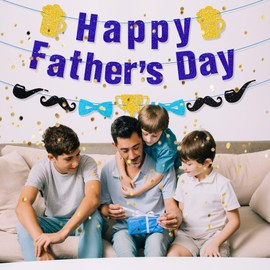 Gifloon Pre-Strung Happy Father’s Day Banner for Dad, Cheers To Fathers Day Party Decorations, Blue Glitter