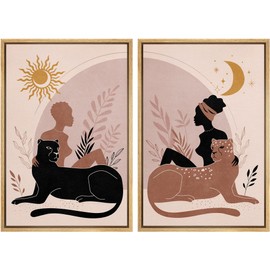 MUDECOR Framed Canvas Print Wall Art Mid-Century Women with Jungle Cats Abstract Nature Illustrations Modern Art Decorative Bohemian Multicolor Geometric Minimalism for Bedroom - 16"x24"x2 Natural