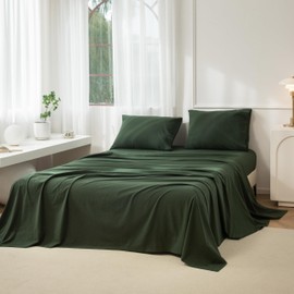 JIYUAN 100% Washed Cotton Sheet Set 4PCS Comfy Simple Style Soft Breathable Textured Durable Linen Feel Bedding for All Seasons King Size, Forest Green