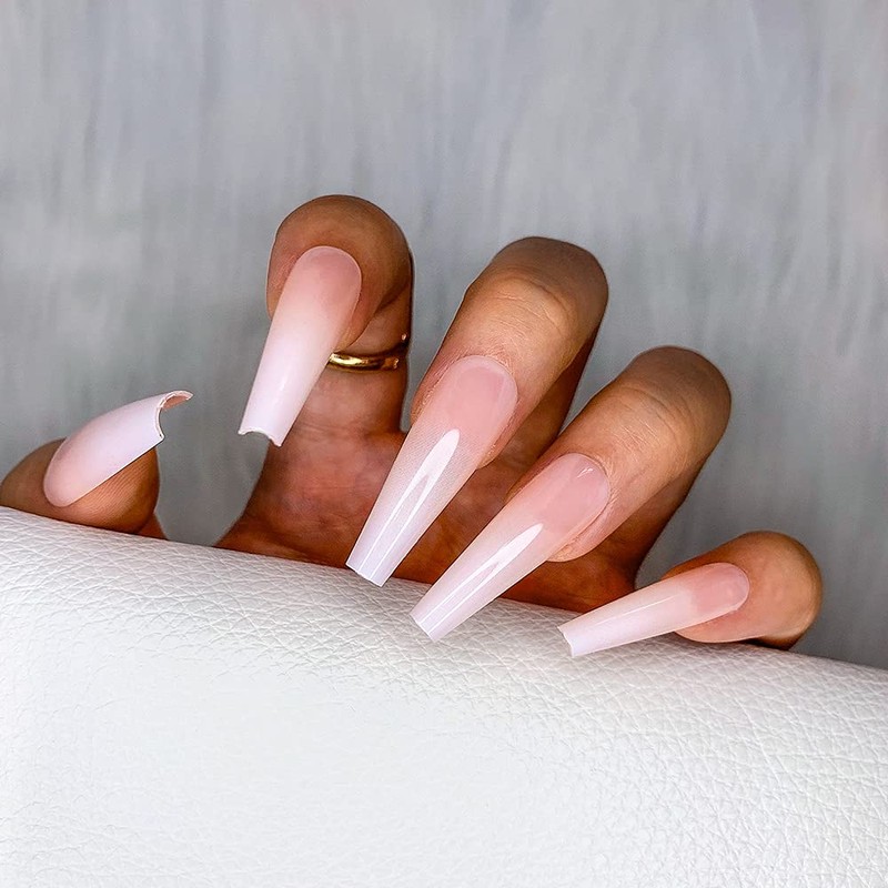 Morily 24pcs Fake Nails Nude White Ombre Ballerina Long Coffin
