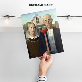 Vintage Humor Bathroom Decor - 11x14 Funny Bathroom Wall Art - American Gothic Plunger Parody, Classic Print for Powder Room, Toilet, Restroom - Farmhouse Home Decorations, Gag Gift for Art Lovers