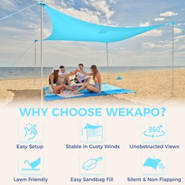 WEKAPO Beach Tent Sun Shelter - Easy Setup Beach Canopy with 4 Sturdy Poles, Large Sandbags and Shovel, 7'8'' Tall, Windproof Beach Sun Shade for Backyard and Camping, UPF 50+ Protection