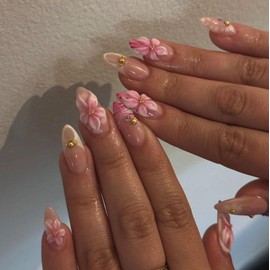 3D Flower Press on Nails Medium Almond OFDNE Pink Flower Fake Nails False Nails with Floral Rhinestones Designs Glossy Glue on Nails Stick on Nails for Women Girls 24Pcs