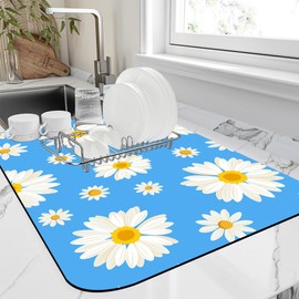Kitchen Mat White Daisy Flowers Dish Drying Mat 16"x24" Bsorbent Coffee Maker Mat for Sink Dishes or Under Rack Kitchen Counter Accessories Absorbent Hide Stain Rubber Backed Dish Drying Pad