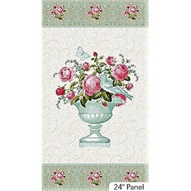 Hopelessly Romantic Cream Roses in Vase Panel Northcott Cotton Fabric 21809-11