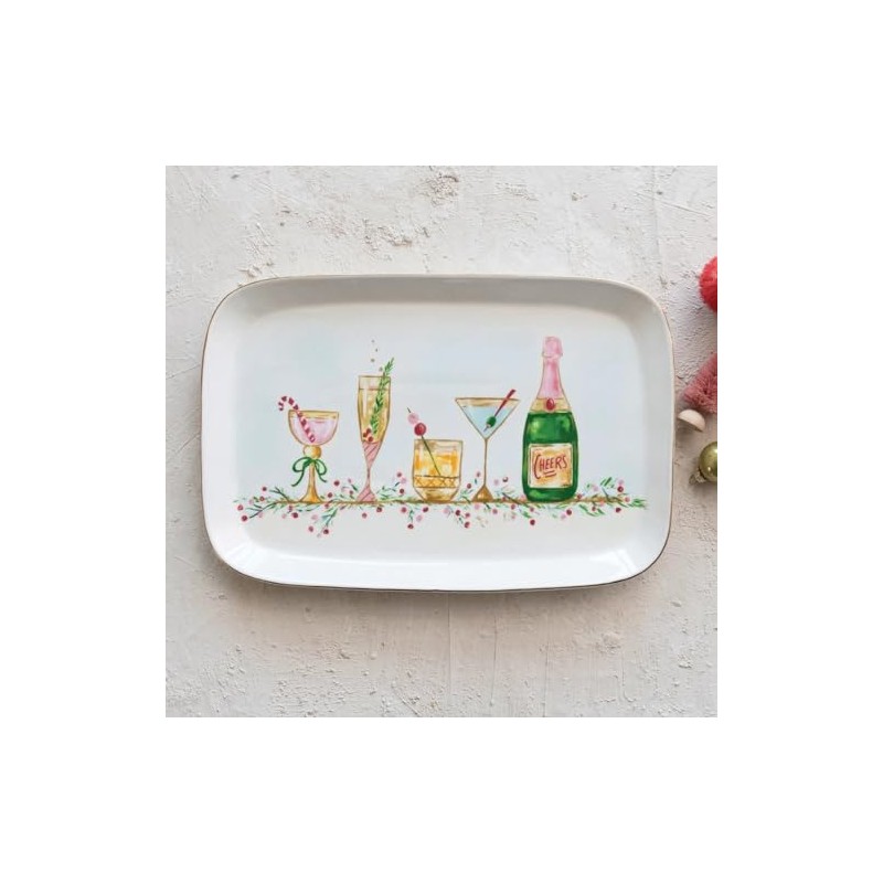 Creative Co-Op Stoneware Platter with Holiday Cocktails and Gold Electroplating,