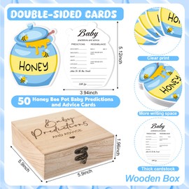 Geelin 50 Pcs Honey Bee Pot Double Side Baby Predictions & Advice Cards for New Parents Baby Shower Games with Cards Wooden Keepsake Box for Wishes Decorations(Blue)