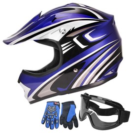 JAGASOL DOT Youth Motocross Offroad Street Dirt Bike Helmets for Kids 8-21,BMX MX ATV Helmet with Goggles DOT Approved(Blue,Y-XL)
