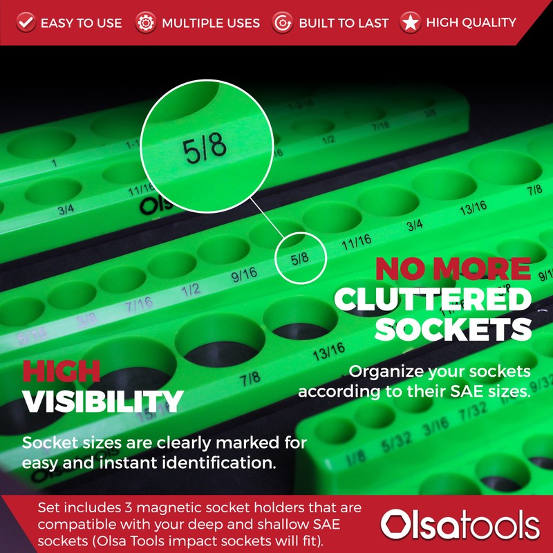 Olsa Tools Magnetic Socket Organizer | 3 Piece Socket Holder