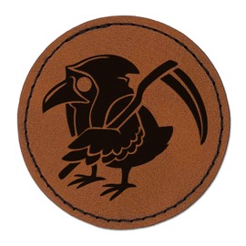 Reaper Raven Hood Scythe Round Iron-On Engraved Faux Leather Patch Applique - 2.5 Inch - Brown