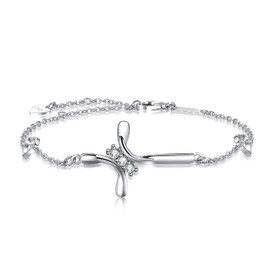 AMIGUO Women Cross Bracelet Religious Jewelry in Good Faith Classic Baptism Gift for Women (Three Cubic Zirconia Cross Bracelet)