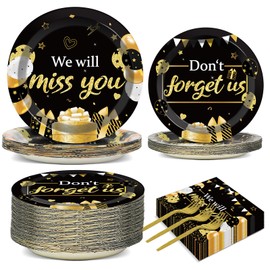 50 Guests We Will Miss You Party Plates and Napkins Tableware Set Farewell Party Supplies Dinnerware Favors Black and Gold Decorations for Retirement Men Women