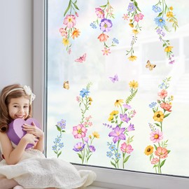 Tanlaby Colourful Flowers Window Stickers Spring Plants Window Pictures Flowers Grass Butterfly Double Sided Static Anti-Collision Window Film for Window Glass Door Decoration
