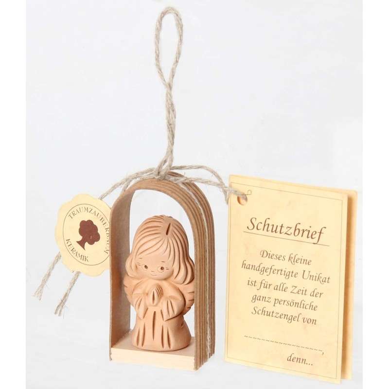 Traumzauberbaum Ceramic Guardian Angel Kneeling in Wooden Arch, Approx. 3