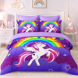 Pamnest Full Comforter Set for Girls, 7 Pieces Unicorn Bedding Set