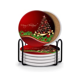 Drink Coasters for Drinks Set of 6, Gold Christmas Tree with Ribbon Absorbent Round Ceramic Stone Mat, with Cork Base and Metal Holder, Home Bar Decor House Warming Gift