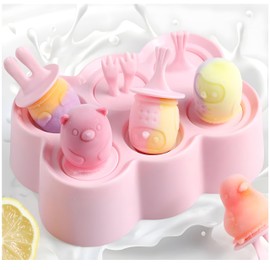 KADIGO Moldes para Paletas de Hielo, 6 Moldes de Helado en Forma de Animal, Molde de Silicona, Moldes de Paleta Mini con Base para Congelador, Caja de Paletas de Hielo Reutilizable (Rosa, Rectángulo)