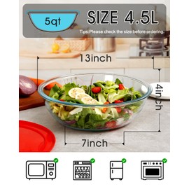 NUTRIUPS 4.76 Quart Large Glass Salad Bowl with Lid, Large Mixing Bowl for Pasta and Serving