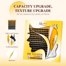 QUEWEL Cluster-Lashes Kit DIY Lash Extensions Kit, 168 pcs Individual-Lashes with Large Capacity 16ml Bond and Seal Lash Glue, Lash Applicator Easy to Use for Beginners at Home (Fluffy 3D-Mix Kit)