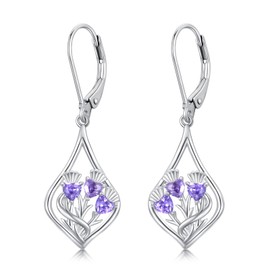 Scottish Thistle Earrings Sterling Silver Amethyst Thistle Flower Teardrop Earrings Purple Flower Drop Dangle Earrings Scottish Thistle Jewelry Gifts for Women Teens Girls