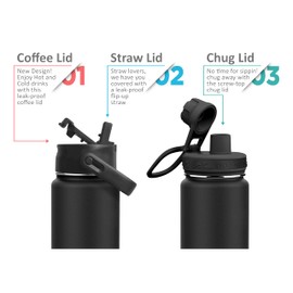 Water Bottle Stainless Steel Double Wall with 3 Leak-Proof Lids - Chug, Straw & Coffee Lid | Keeps Drinks Cold for 24 Hours and Hot for 12 Hours | BPA-Free Wide Mouth Metal Vacuum Flask (Black (24oz)