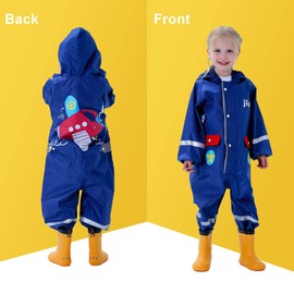 Baogaier Boys Rainsuit Blue Raincoat Hooded Rain Waterproof Puddle Suit Jumpsuit Rainwear Reflective Poncho Coverall Airplane Print with Transparent Hat Brim Jacket Pants Children Kids Age 4-6 Years