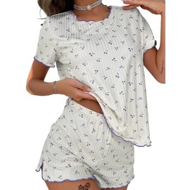 Remidoo Womens Cute Cherry Pajamas Lettuce Trim Split Short Pajama Set Loungewear Puple Medium
