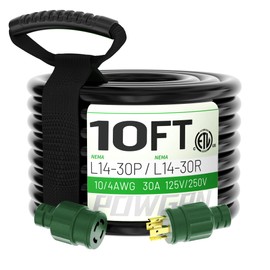 POWGRN 10Feet 30 Amp Generator Extension Cord 4 Prong,Heavy Duty NEMA L14-30P/L14-30R,125/250V 7500W,Green 10 Gauge SJTW Twist Locking Generator to House Power Cords,10ft Generator Accessories