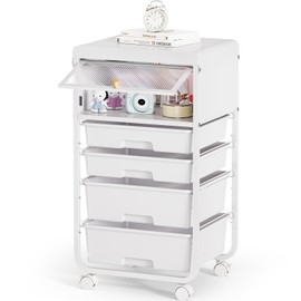 SYKIARIOL Utility-Rolling-Storage-Drawer-Craft-Cart-Organizers with 4 Drawers & Dust-proof Door for Kid Craft Art Room,Bedroom,Home Office, Craft Drawer cart, Classic White