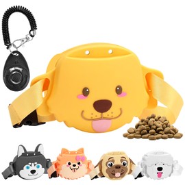 Silicone Dog Treat Pouch for Pet Training - Strong Magnetic Closure, 1.69 Cup Portable Easy to Clean Treat Bag with Training Clicker Waistband for Dog Walking Outdoor, Golden Retriever - Yellow
