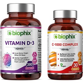 biophix Vitamin D-3 10000 IU 380 Softgels - Free Vitamin C-1000 30 Tablets -High-Potency in Extra Virgin Olive Oil Non-GMO Soy-Free Supports Strong Bones Immune Health