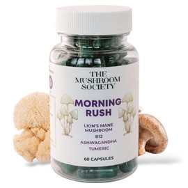 The Mushroom Society Morning Rush - Lion’s Mane, Ashwagandha, Turmeric & B12 Extract Blend Supplement - Focus & Energy Support - 60 Vegan Capsules