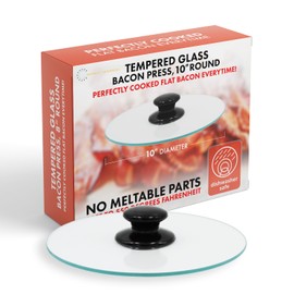 Northwest Enterprises Bacon Press, Round Tempered Glass Bacon Press and Splatter Shield, Perfectly Cooked Flat Bacon Every time! (10 Inch)