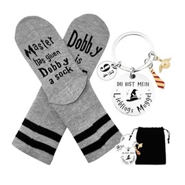 JESUSHAIN Wizard Gift Set - Funny Socks "Dobby is Free" & Keyring with Engraving, Magic Fan Item Set for Fantasy Fans, Girlfriend, Daughter, Birthday & Christmas
