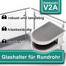PRIOstahl Glass Holder Glass Clamp Holder Glass Plate Holder – 1 Piece Size: 50 x 40 x 26 mm with Locking Pin Connection: Diameter 42.4 mm – for Glass 8.76 mm Railing Construction Privacy Screen Made