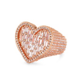 Iced Out Baguette Cz Diamond Heart Ring Jewelry, All Match Bling Bling Dainty Gold Pinky Ring Party Rose Gold Love Men Women Luxury Gift(Rose Gold, 7)