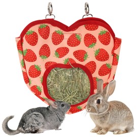 ABTOLS Rabbit Hay Feeder Bags, Hanging Hay Feeder for Cage Guinea Pigs Chinchillas Hamsters Heart Shape Red Strawberry Bunny Small Animal Pet Cartoon Hay Bag