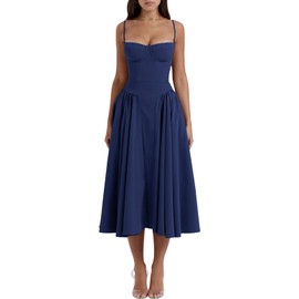 Womens Corset Dress Elegant Spaghetti Strap Midi Dress Flowy Pleated Hem Low Cut Prom Dresses Floral Bustier Dress (US, Alpha, Medium, Regular, Regular, Navy)