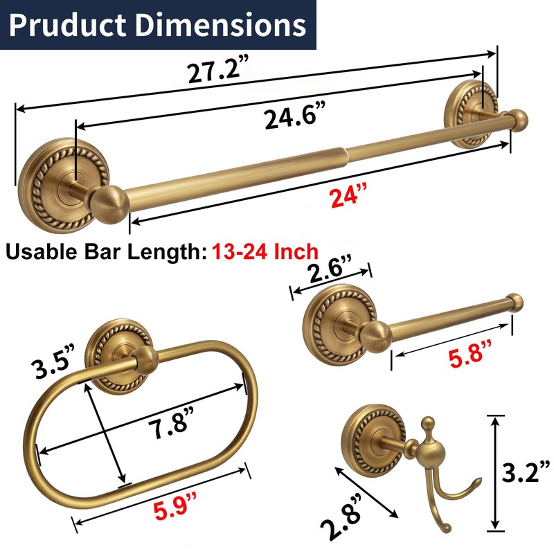 Antique Brass 4-Piece Bathroom Hardware Set Adjustable Towel Bar 13-24"