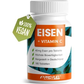 Iron Tablets 180 x with 40 mg Iron + Vitamin C (40 mg) from Rose Hips - Tablets Vegan with Bioavailable, High Dose of Bisglycinate - No Unwanted Additives