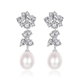 QuakerBird Freshwater Cultured Genuine Pearl Drop Earrings for Women Sterling Silver 9-10 mm Pearls Tennis Cluster CZ Dangle Stud Earrings Wedding (01, ivory)