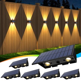 Solar Fence Lights,6Pack Solar Lights Outdoor Warm White + RGB Up & Down Waterproof 100 Lumens Dusk to Dawn Large Solar Wall Lights for Backyard/Pool/Railing/Patio/Porch/Step/Wall